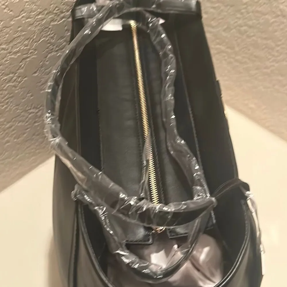 Cavalli Sandra Shopper Tote Black Onyx Gold Tone Logo Front Plate Chic NWT